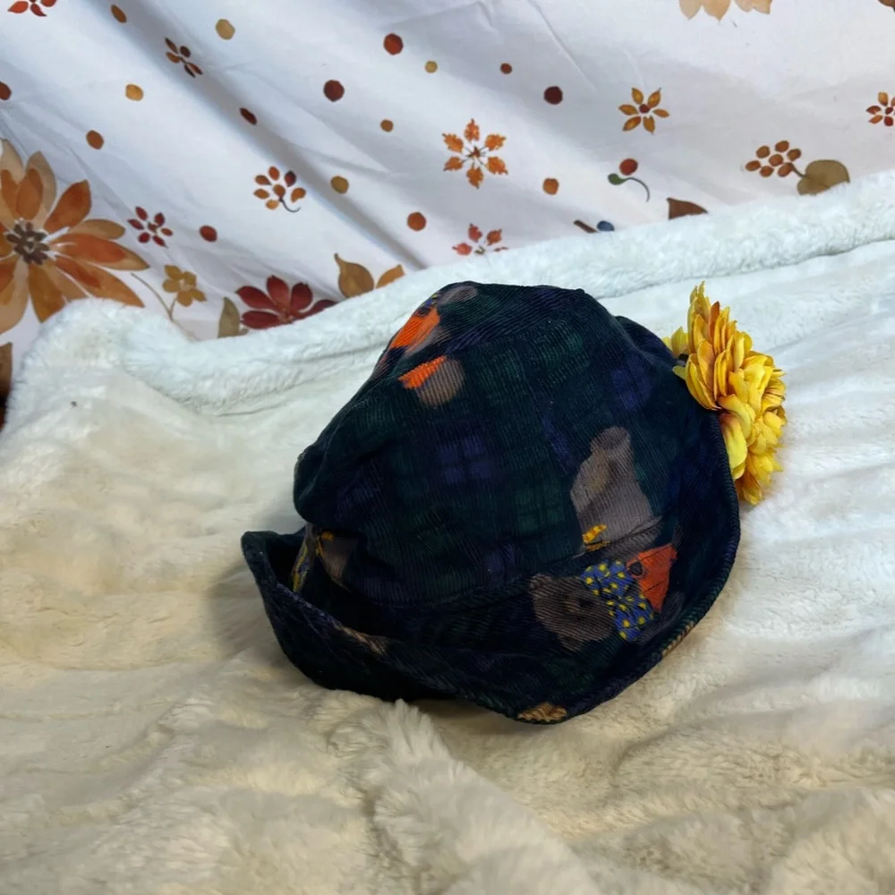 90s Coded Babydoll Toddler Teddy Bear Green Blue Flower Hat Retro Fashion Fall